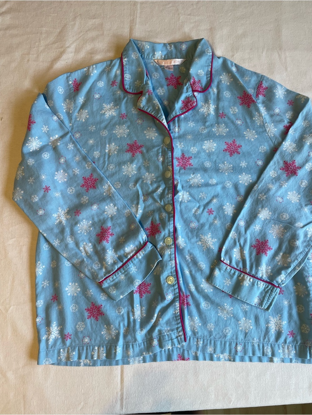 Victoria's Secret Light Blue Snowflake Pajama Top with Pink Trim